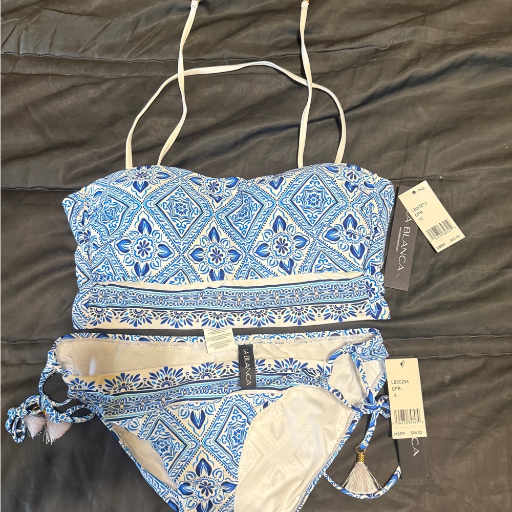 La Blanca Blue and White Bikini Swimwear top size 12 bottoms size 8